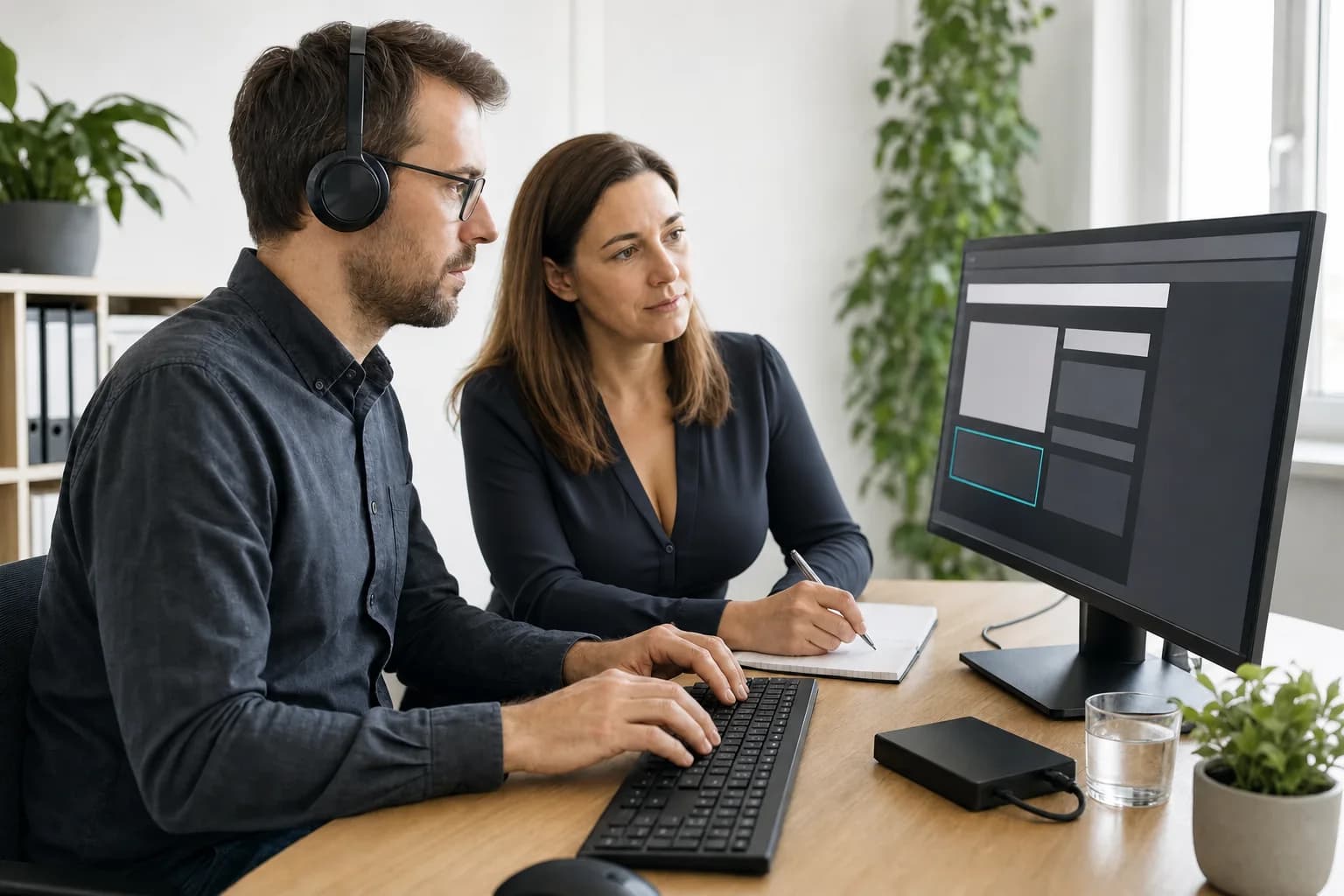 Fachleute testen eine Firmenwebsite mit Tastatur und Screenreader auf digitale Barrieren